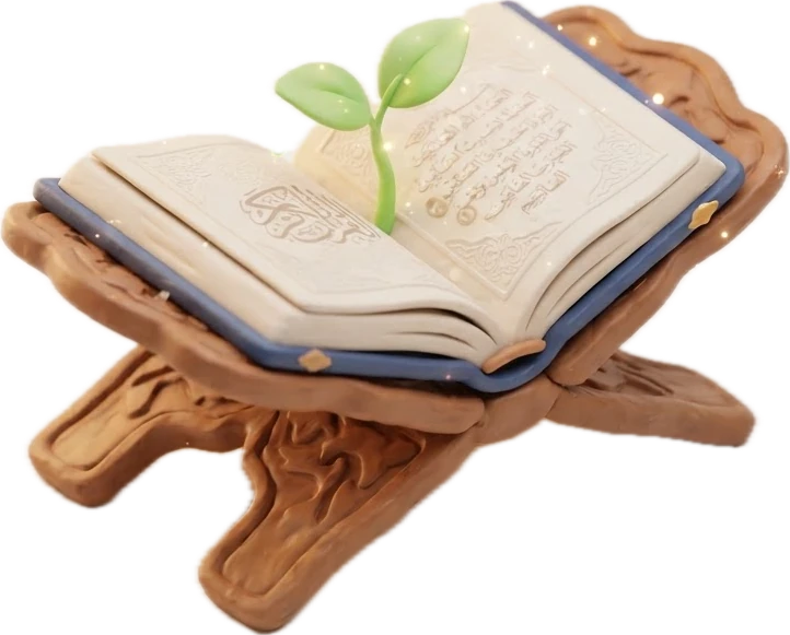 Al-Qur'an terbuka di atas rehal dengan tunas hijau yang tumbuh dari halamannya